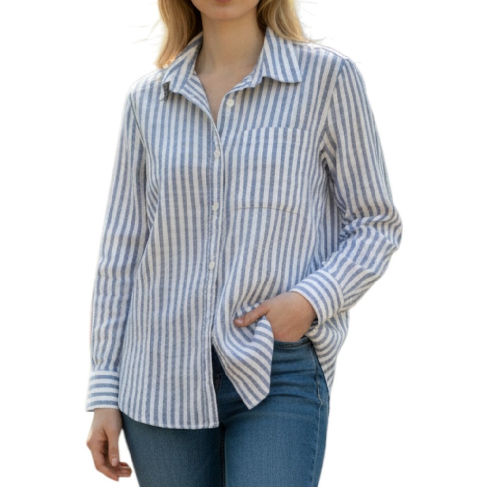 LOLA RIVER Alex Indigo Stripe Cotton Button Down Shirt Women's X Small NWT